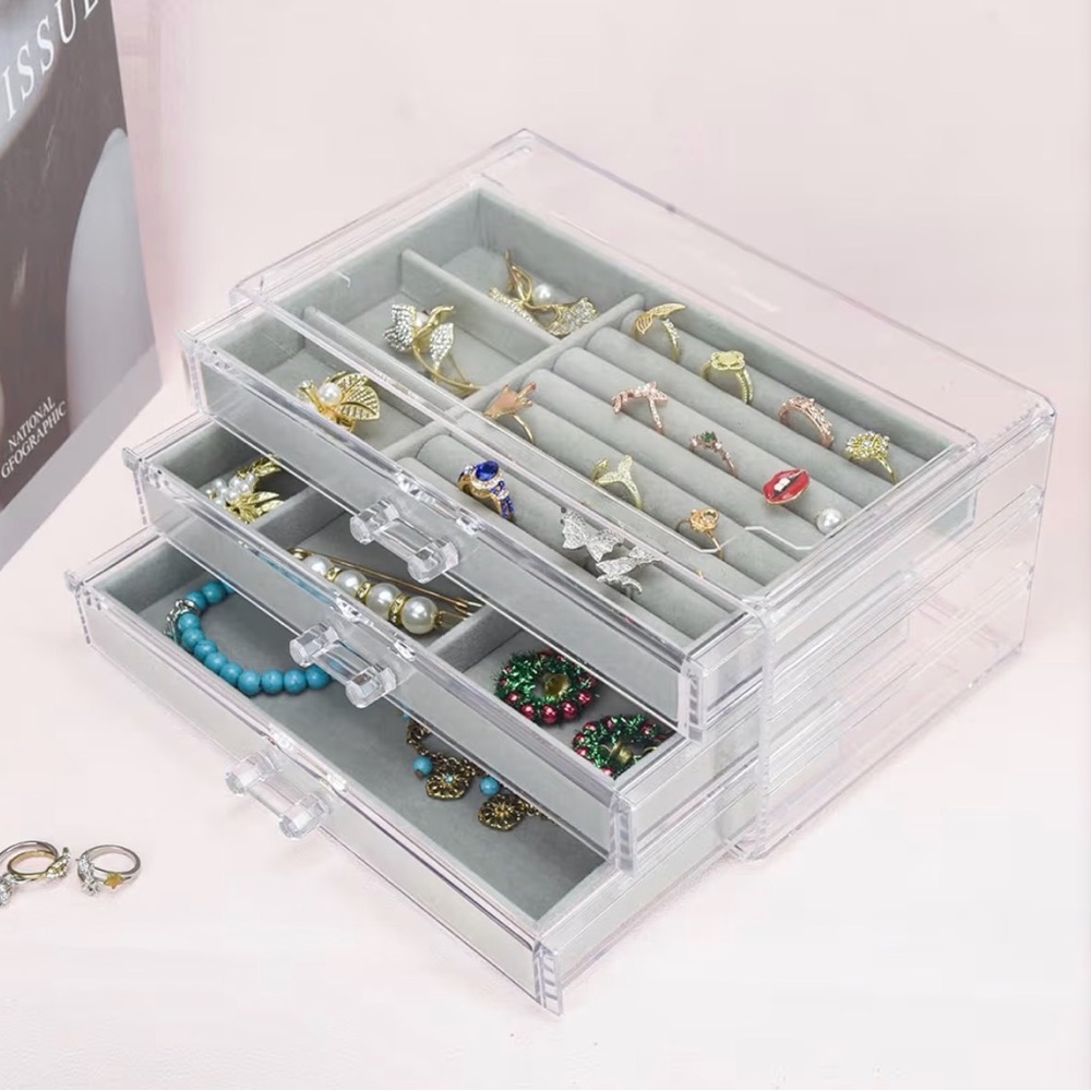 Acrylic Jewelry Box Organizer 3 Drawer Earring Storage Case Tray